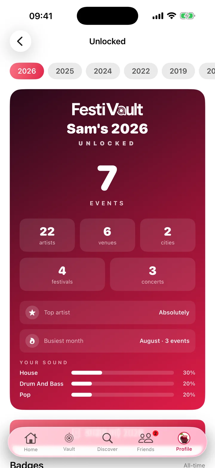 A FestiVault 2026 Unlocked card: 7 events, 22 artists, 6 venues and 2 cities